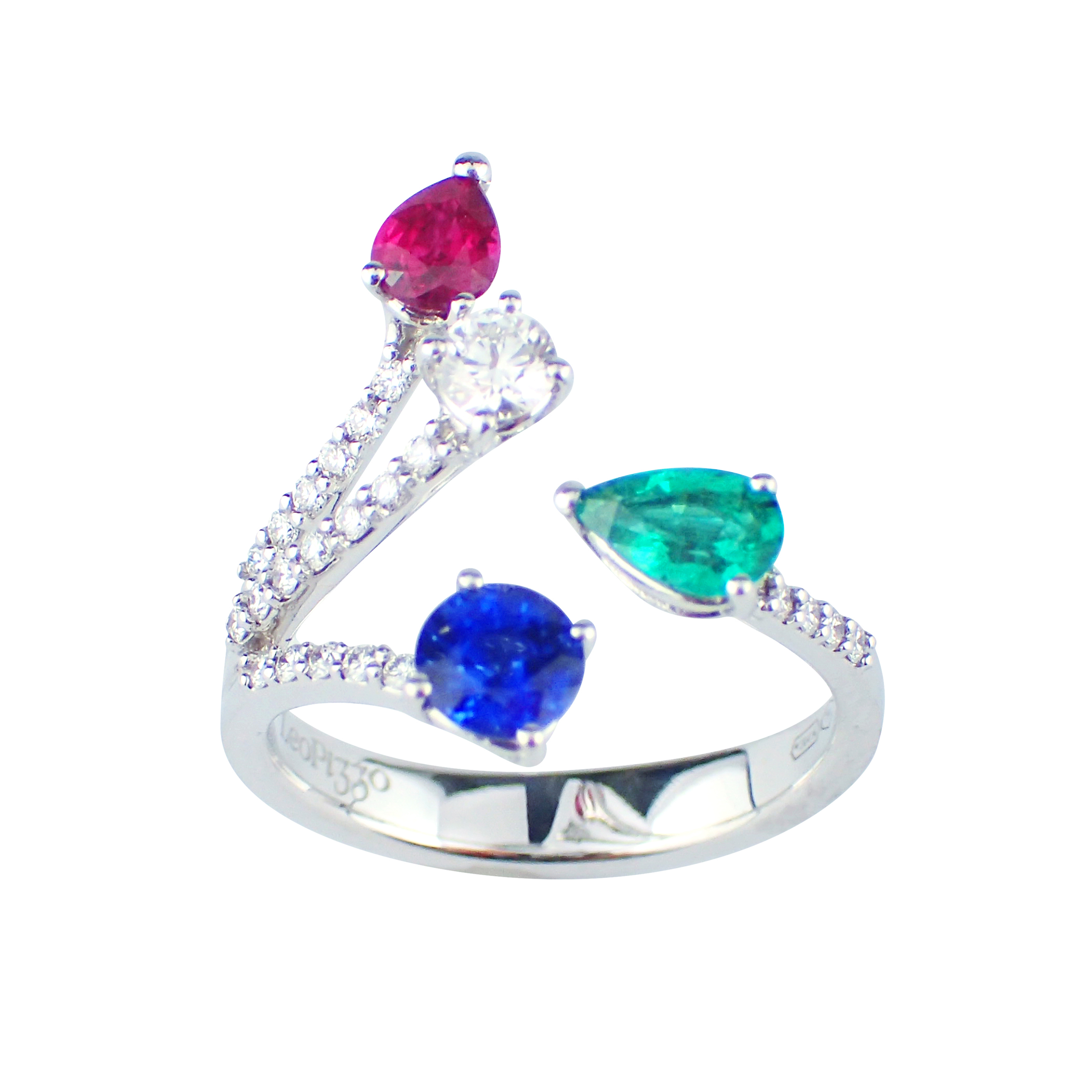 K18wg エメラルド ルビー サファイア ダイヤ リング レオ ピッツォ 取扱ブランド 栄光時計株式会社